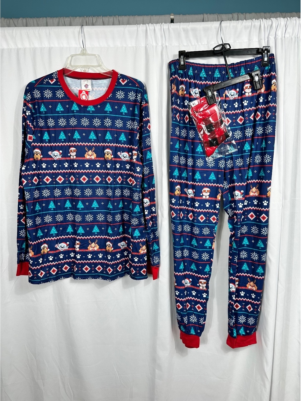 Men's XL Paw Patrol Holiday Pajama Set - Navy Blue with Red Trim